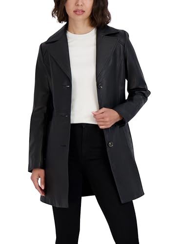 Image of TAHARI Women's Genuine Lambskin Leather Trench Coat With Notch Collar, Button Closure & Tie Belt