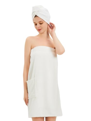 GUODDS Womens Bath Body Wrap & Hair Towel Shower Spa Wrap Robe Adjustable Closure Bathrobe White L