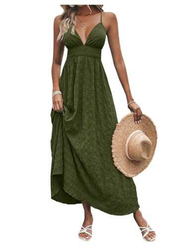 Image of Milumia Women's Summer V Neck Backless Maxi Dress Boho Spaghetti Strap A Line Flowy Beach Long Sundress