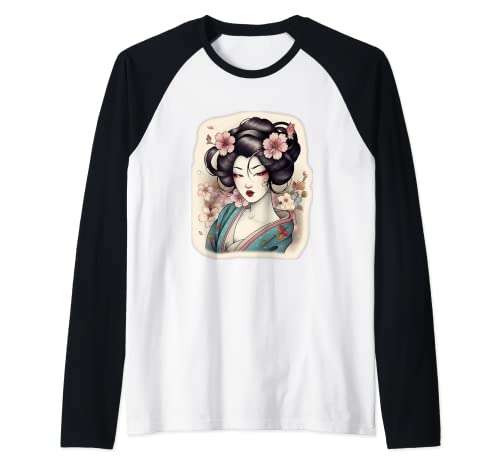 Japanese Geisha Tattoo Design Women Raglan Baseball Tee