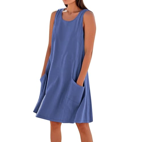 Vestidos cortos de verano de lino y algodón sin mangas para mujer, con bolsillos y tirantes, talla grande, tendencia, azul, XXL