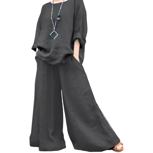 Women Cotton Linen Set for Women Long Sleeve Shirt Pants with Pockets 2 Pcs Outfit