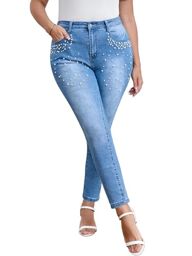 LifeShe Women Pearls Jeans High Waist Skinny Denim Pants Plus Size Stretchy Leggings with Rhinestones Light Blue