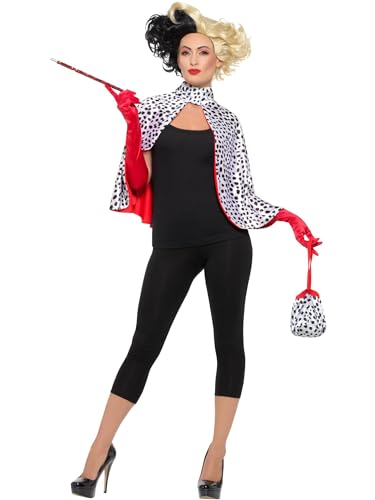 Disfraz de Cruella de Vil Mujer: Ideas y Accesorios para Halloween Smiffys Kit de Madame Malvada Deluxe, Blanco y Negro, con Capa, Bolsa, Guantes y Boquilla