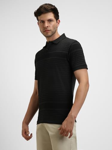 Image of Dennis Lingo Men's Cotton Black Stripes Regular Fit Button-Down Short Sleeve Polo Tshirt