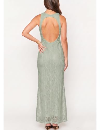 Image of Elegant Lace Floral V Neck Backless Bodycon Dresses for Women Sexy Cut Out Low Back Sleeveless Maxi Dress Wedding Guest