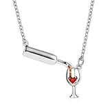 Spiritrain Red Wine Glass Bottle Heart Pendant Necklace for Women Unique Charm Romantic Love Chic Cubic Zirconia Lightweight Chain Necklace for Wine Lover Valentine Jewelry Gifts (Silver)