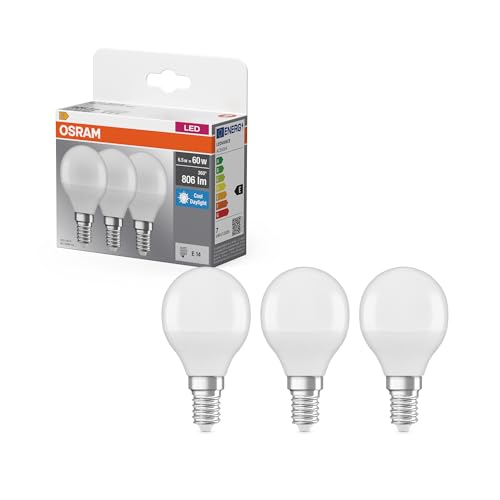 OSRAM Lampada LED Base mini a forma di sfera E14 opaco 6500K bianco freddo, resistente agli urti, senza UV, sostituisce 60 W, 15000 ore, luce istantanea al 100%, ufficio
