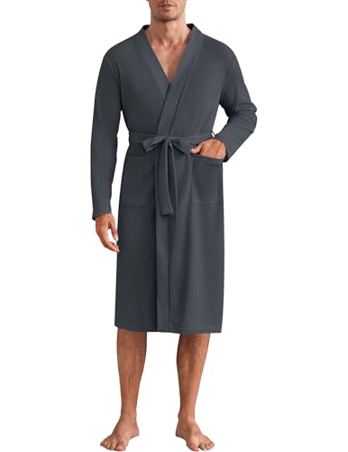 Ekouaer Mens Waffle Robe Lightweight Spa Bathrobe Knit Kimono Shower Robes V Neck Long Sleeve Sleepwear with Pockets