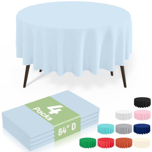 Image of misaya 4 Packs Disposable Plastic Table Cloth, 84 inch Round Waterproof Tablecloth, Leakproof & Sturdy Decorative Table Covers for Picnic, Party, Outdoor and Back to School, Baby Blue