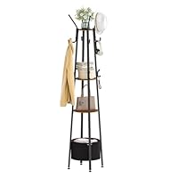 Hzuaneri Coat Stand, Coat Rack with 16 Hooks and 1 Basket, Metal Coat Hall Tree for Scarves, Bags, Hats, FreeStanding, Hallway, Living Room, Bedroom, Office, Rustic Brown and Black CR27301B