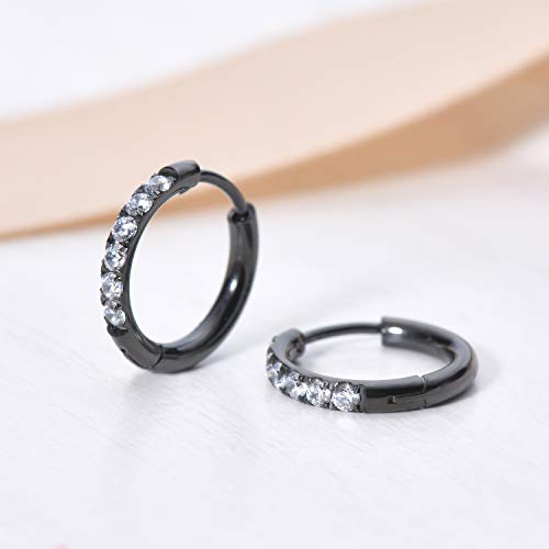 Image of Hypoallergenic Unisex Surgical Steel Small Cubic Zirconia Huggie Hoop Earring, Color Gold - Silver - Rose Gold - Black - Rainbow, Size 6mm- 12mm Safe for Sensitive Ear