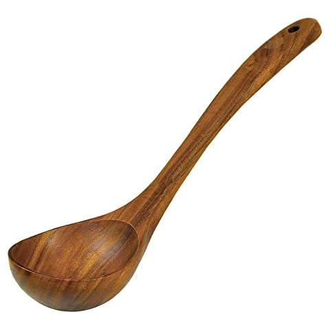 Wooden Ladle for Cooking, Soup Spoon Ladle - Teak Wooden Serving Spoon, 12.4″ Handle, Medium Scoop Size 2 oz - Eco Friendly, Natural and Sustainable Cover