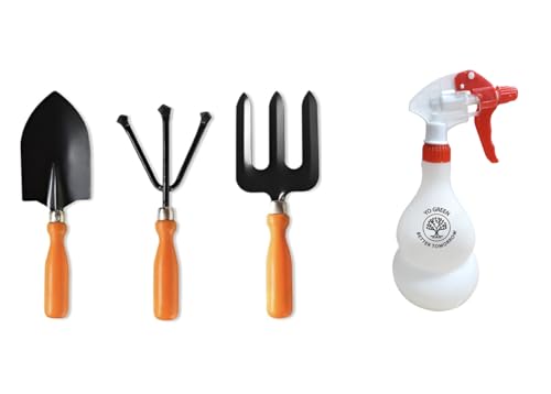 Image of Yo Green Gardening 4 Pcs Hand Tools Set with Garden Sprayer (Cultivator, Trowel, Fork & 1 Litre Water Sprayer), Gardening Tools for Home Garden, Farming Tools (3 Pc Tool + 1L Sprayer)