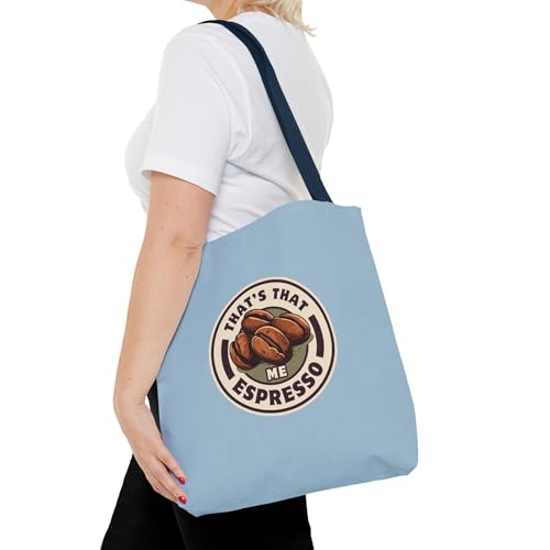 That's That Me Espresso Tote Bag – Light Blue Canvas Coffee Lover’s Tote with Fun Logo & Coffee Stain Back4