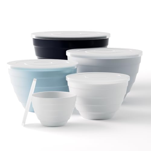 TP Mixing Bowls with Lids 10-Piece Nesting Melamine Bowls Set for Prepping Serving Baking Cooking Non Slip Bottom Set of 5 Blue and White