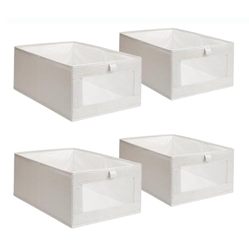 Pack of 4 Linen Storage Bins Closet Organizer Foldable Storage Boxes for Organizing Clothing,Sheets,Toys,Shelves Basket Storage Bin With Clear Window