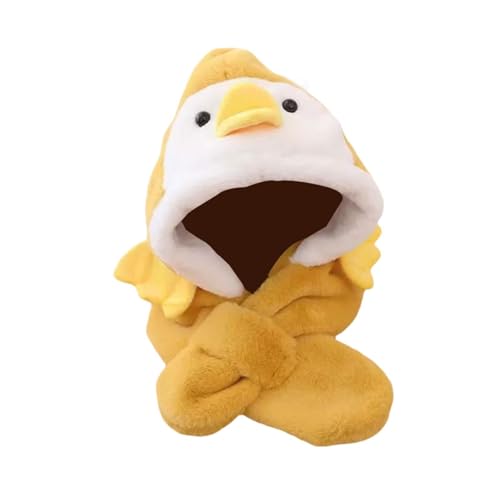 Cartoon Themed Hooded Scarf for Kids with Plush Animals Winter Warm 2-in-1 Hat Scarf Set Head Neck Protection- Yellow2