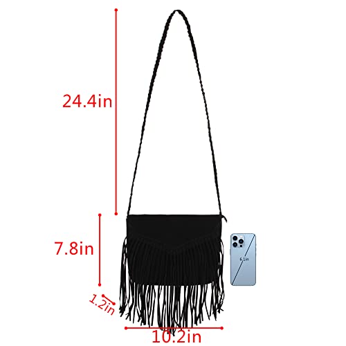 Suede Crossbody Bag with Fringe Vintage Tassel Purse Messenger Bag for Women Girls, Black2