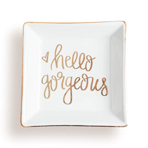 Hello Gorgeous Jewelry Dish Square Ceramic Trinket Tray Gold Office Decor Home Ring