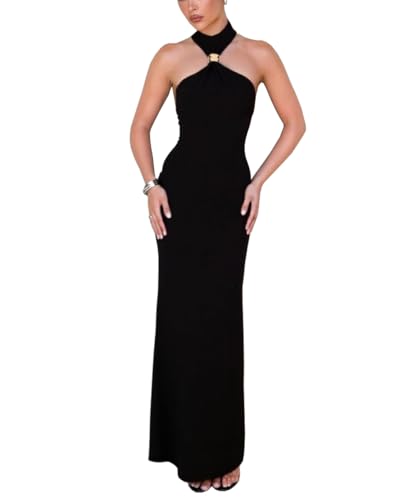 Women Halter Maxi Dress High Neck Sleeveless Back Slit Hem Elegant Party Cocktail Long Formal Dresses