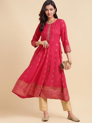 Image of rangita Pink Rayon Calf Length Embroidered Anarkali Kurti for Women | Kurta for Women