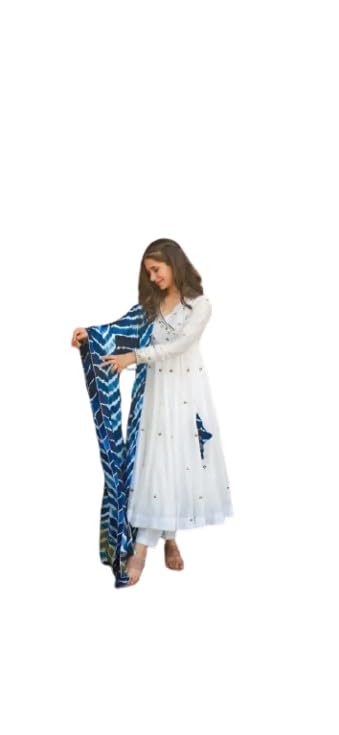 Beautiful Roman Silk Embroidery Work Gown Set with Pant & Digital Print Dupatta (Off White) (IN, Alpha, XL, Regular)