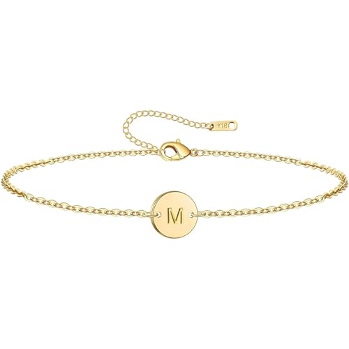Personalized Initial Bracelet, 18K Gold Plated Stainless Steel Letter M Bracelet Dainty Coin Charm...