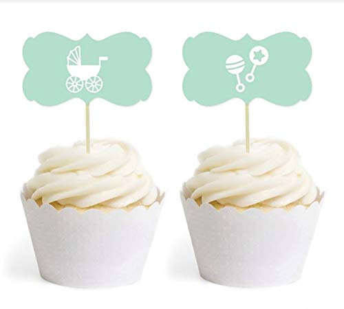 Andaz Press Baby Shower Cupcake Toppers DIY Party Favors Kit, Baby Shower Mint Green Rattles Carriage, Double-Sided, 18-Pack
