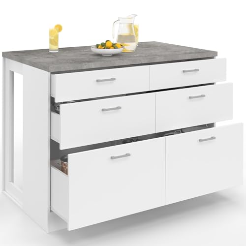 IDMarket - Ilot Central Mange-Debout Orso 120 cm casserolier 6 tiroirs Blanc avec Plan de Travail Effet béton