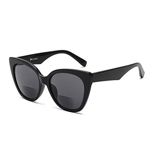 JM Classic Bifocal Reading Glasses Oversized Cateye Stylish Sunglasses Readers for Women Black +2.0