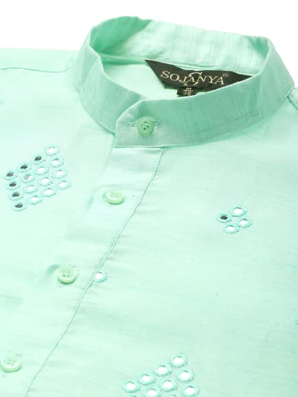 Image of SOJANYA (Since 1958 Men's Cotton Blend Navy Blue & Black Printed Kurta & White Churidar Pyjama Set