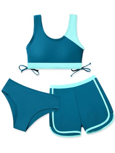 Image of Girl's 3 Piece Bikini Bathing Suit Printed Sport Swimsuits with Shorts Cove Up Sets Teen Girl's Swimwear