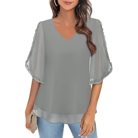 Messic Plus Size Blouses for Women: Dress Shirts for Women - Layered Tops for Women - Business Casual Bell Sleeve Tops for Women Evening Tops Grey XXL Cover