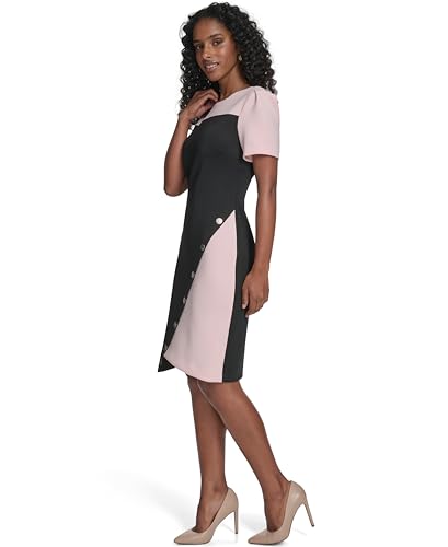 Image of Tommy Hilfiger Women's Short Sleeve Jewel Neck Colorblock Studded Asymmetrical Hem Crepe Mini Dress