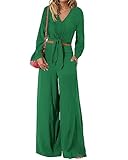 Picture of PRETTYGARDEN Women's 2 Piece Outfits 2026 Spring Fashion V Neck Long Sleeve Strappy Crop Top Wide Leg Pant Lounge Sets(Green,XX-Large)