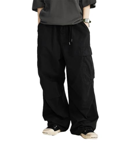 THWEI Mens Baggy Cargo Pants Casual Parachute Cargo Pants Elastic Waist Streetwear Multi Pockets Black M