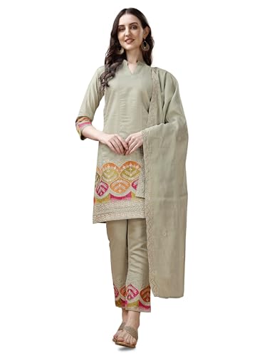 Image of Granthva Fab Women's Chanderi Silk Embroidered Straight Kurta with Palazzos and Dupatta
