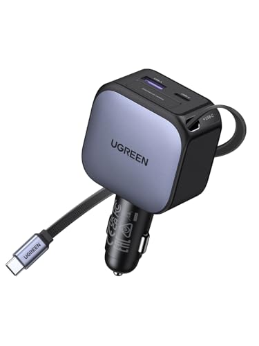 UGREEN 90W Retractable Car Charger 3 Port USB C Phone Charger Fast Charging with Type C Cable Cigarette Lighter Adapter Compatible with MacBook iPhone 17 16 15 Pro Max Galaxy S25 S24 Ultra iPad