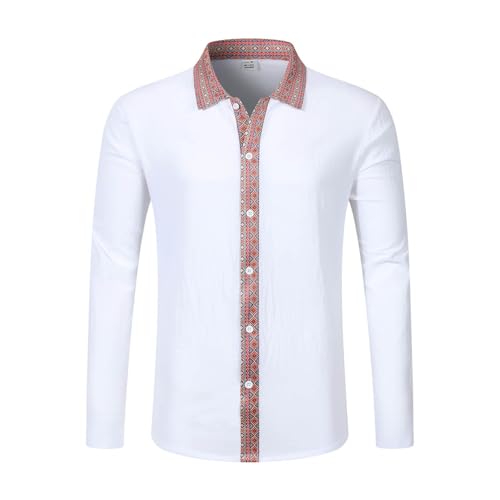 Camisas Lino Hombre Camisa de Manga Larga Europea y de Lino con Estampado Étnico de Patchwork Informal