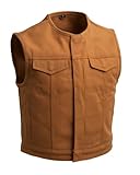 First Mfg Co Lowside men's canvas vest: 3 inches shorter, half-size smaller, 20oz raw canvas, conceal carry pockets, unlined, perfect for warm weather or layering, with covered snaps and YKK zippers.
