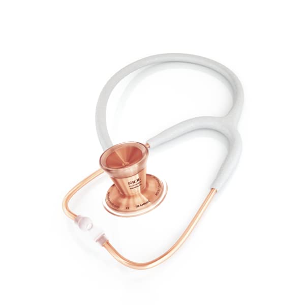 Image of MDF Instruments White Glitter Rose Gold ProCardial Cardiology Stethoscope, Limited Edition Mprints, Lightweight Titanium Adult Dual Head, White Glitter Tube, Rose Gold Chestpiece-Headset, MDF797TWGLRG