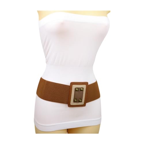 Women Fashion Wide Elastic Waistband Belt Big Square Buckkle Gold Studs Detail S M z0424