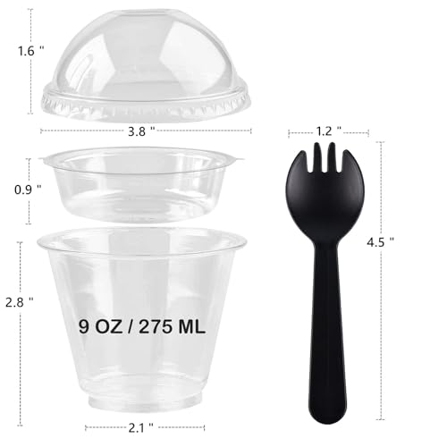 Zezzxu 50 Pack 9 oz Disposable Parfait Cups with Dome Lids No Hole, Toppings Compartment and Spork, Yogurt Conatiner with Granola Holder for Take Away Breakfast and Snacks, No Leaking