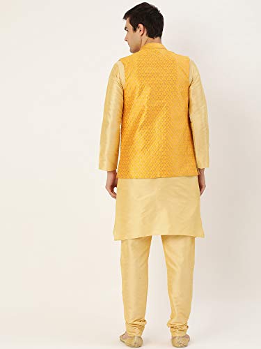 Image of SOJANYA (Since 1958 Men's Cotton Linen Maroon Kurta and White Pyjama with Mustard Cotton Nehru Jacket