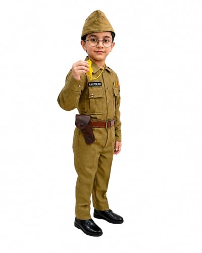 Image of BookMyCostume 8-Pcs Netaji Subhash Chandra Bose Indian National Leader Dress | Freedom Fighter Costume for Kids | Patriotic Independence Day, School Annual Function & Fancy Dress | Khaki 6-7 Years