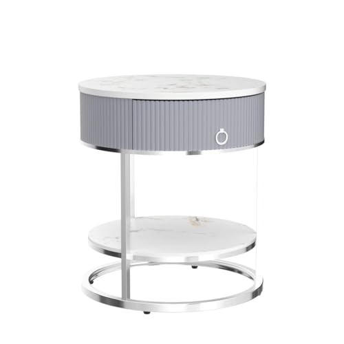 Oiog Modern End Table With Drawer, 2 Tier Side Table With Shelf, Round Nightstand With Sintered Stone Tabletop And Chrome Legs For Living Room thumb #4