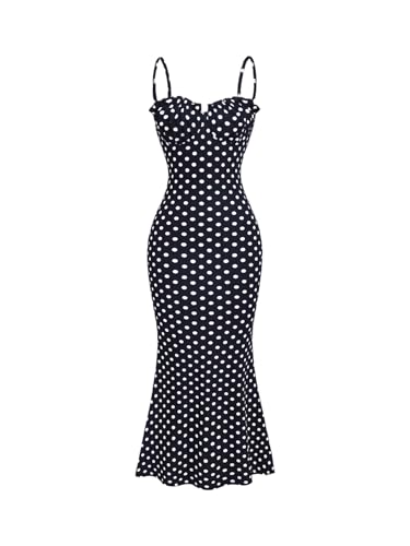 Milumia Women's Polka Dots Frill Trim Cami Dress Elegant Ruched Bust Fishtail Maxi Dresses Royal Blue X-Small