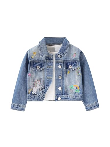 Verdusa Girl's Jean Jacket Cute Embroidery Denim Jacket Long Sleeve Button Down Spring Fall Outerwear