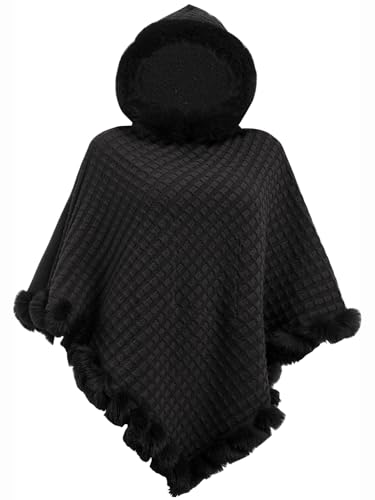 crazy bean Poncho Elegante de Punto para Mujer Chal Invierno para Mujer con Capucha Cálido y Suave Capa de Cuello Redondo para Climas Fríos Negro